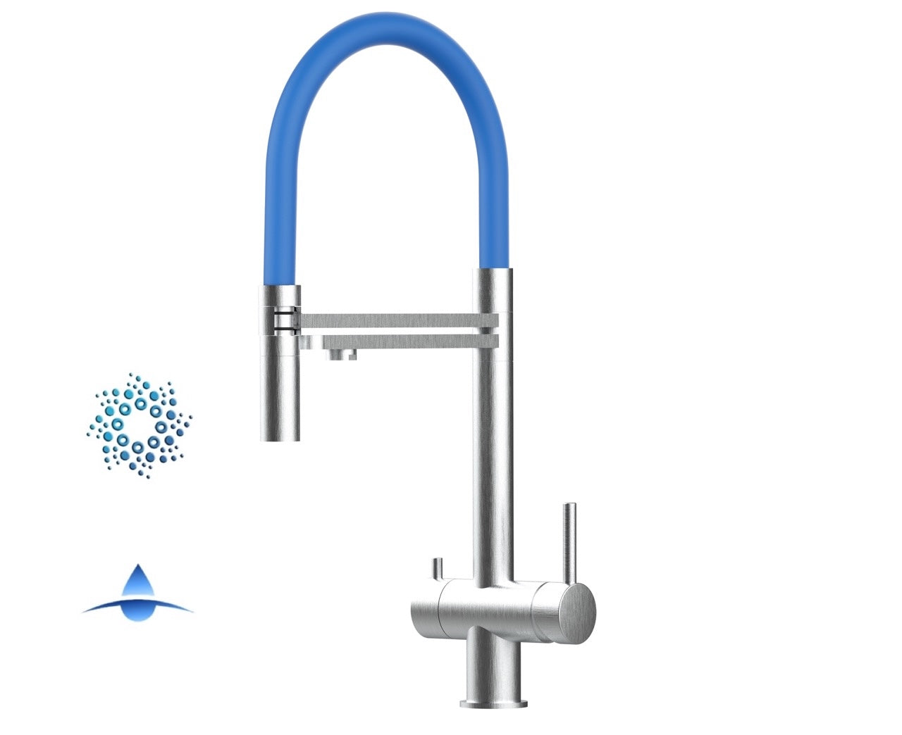 Rubinetto cucina 4 VIE in ACCIAIO INOX Spazzolato, canna girevole 360° e doccetta 2 getti movibile, Blu