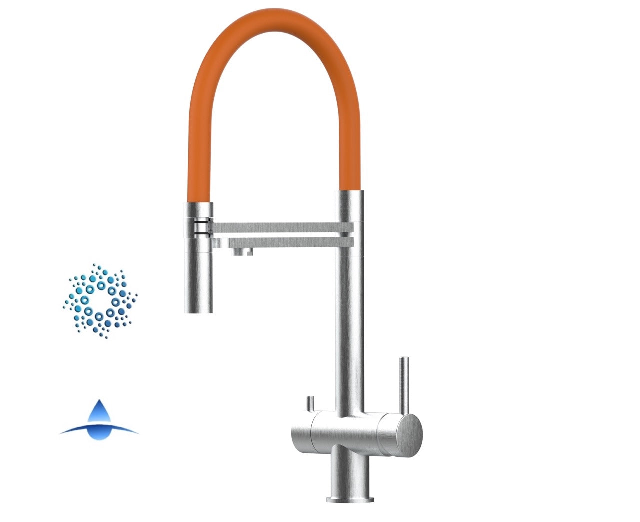 Rubinetto cucina 4 VIE in ACCIAIO INOX Spazzolato, canna girevole 360° e doccetta 2 getti movibile, Arancione
