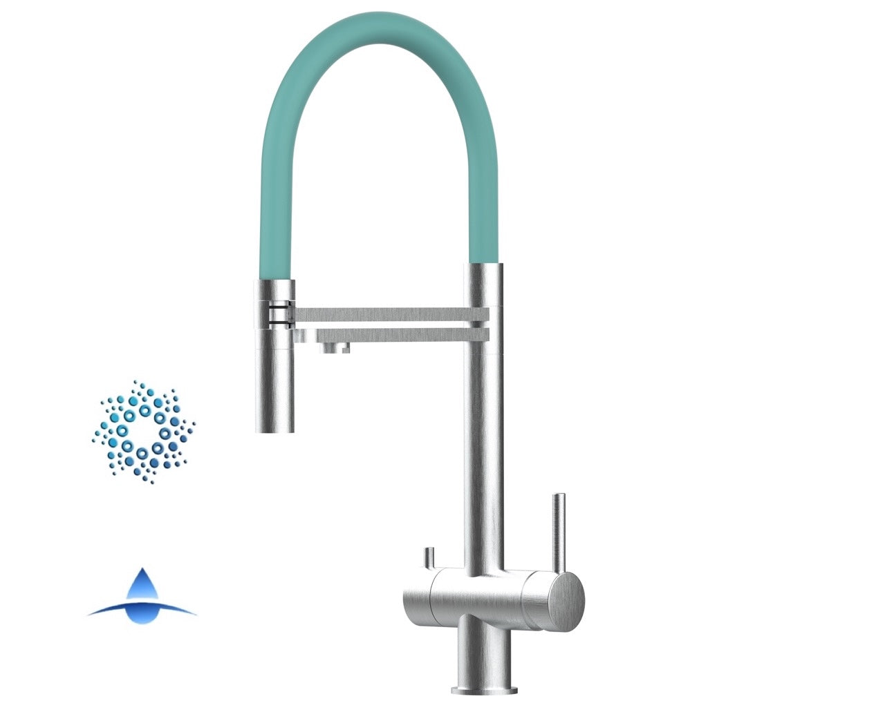 Rubinetto cucina 4 VIE in ACCIAIO INOX Spazzolato, canna girevole 360° e doccetta 2 getti movibile, Turchese Tiffany