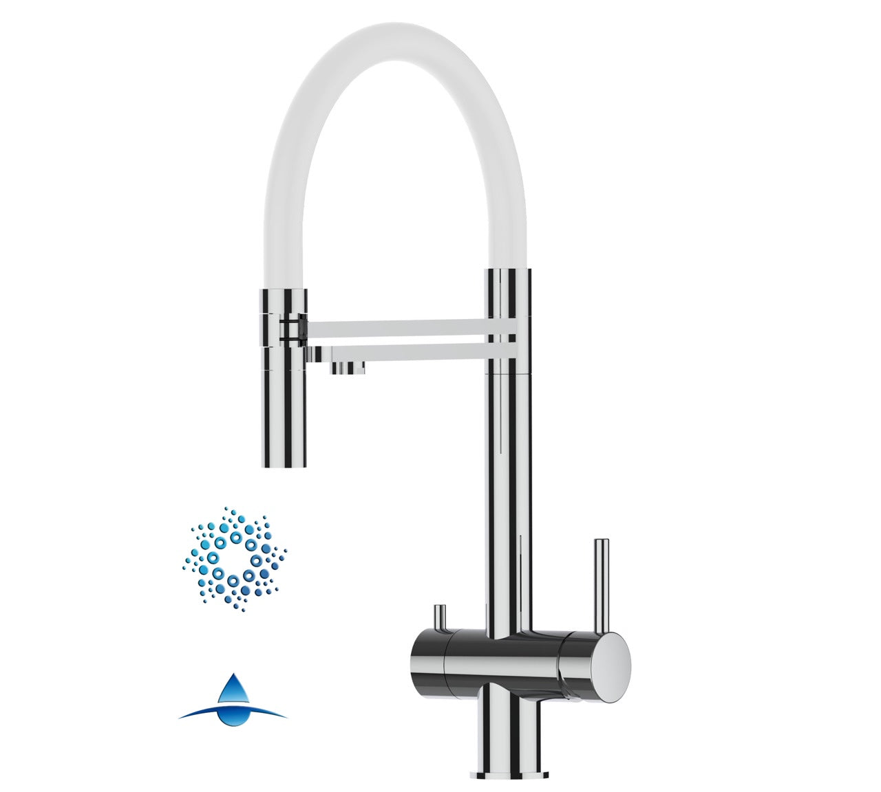 Rubinetto cucina 4 VIE in ACCIAIO INOX Lucido, canna girevole 360° e doccetta 2 getti movibile, Bianco - Versione CORTA 45 cm