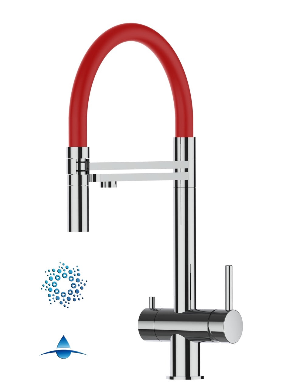 Rubinetto cucina 4 VIE in ACCIAIO INOX Lucido, canna girevole 360° e doccetta 2 getti movibile, Rosso - Versione CORTA 45 cm