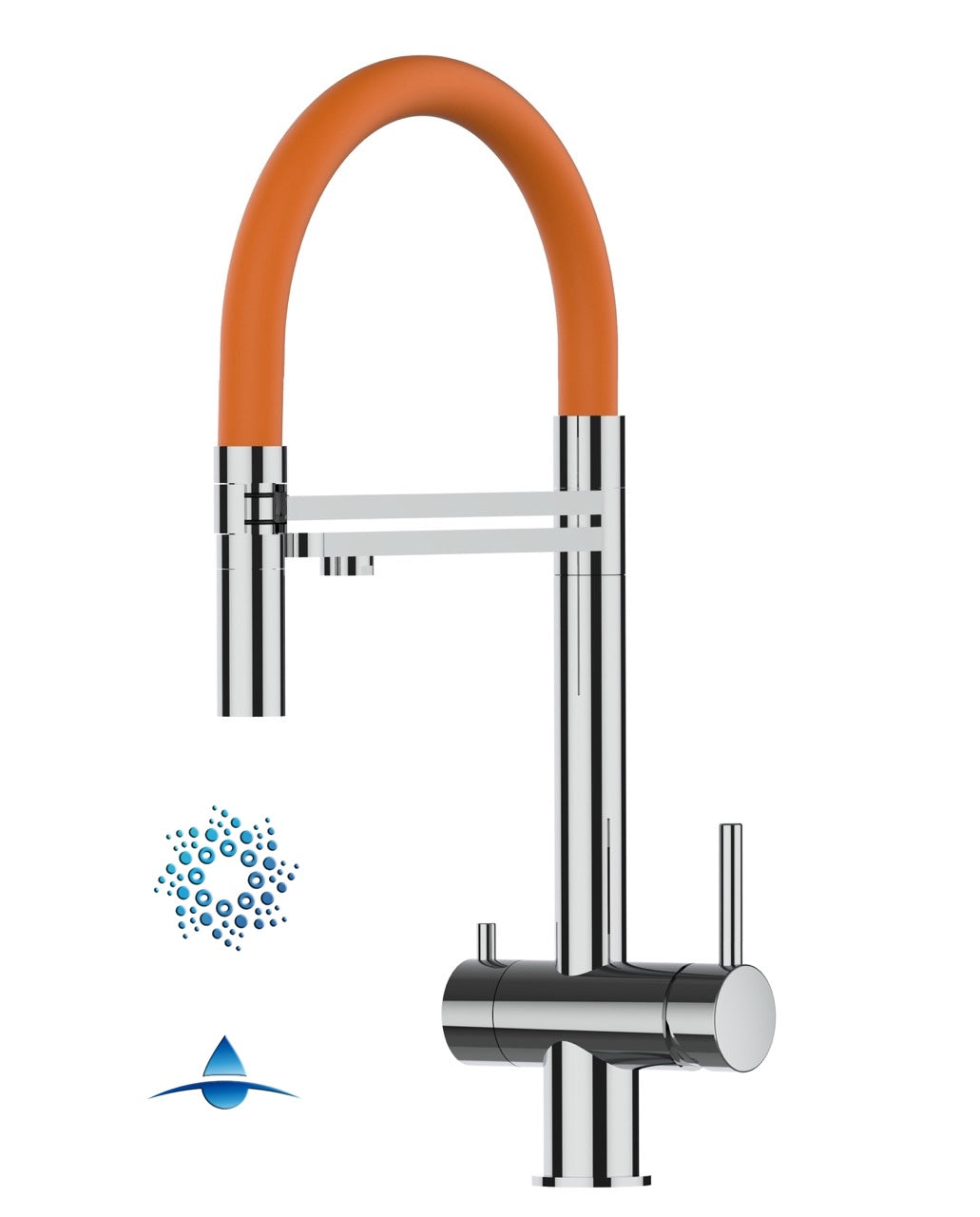 Rubinetto cucina 4 VIE in ACCIAIO INOX Lucido, canna girevole 360° e doccetta 2 getti movibile, Arancione - Versione CORTA 45 cm