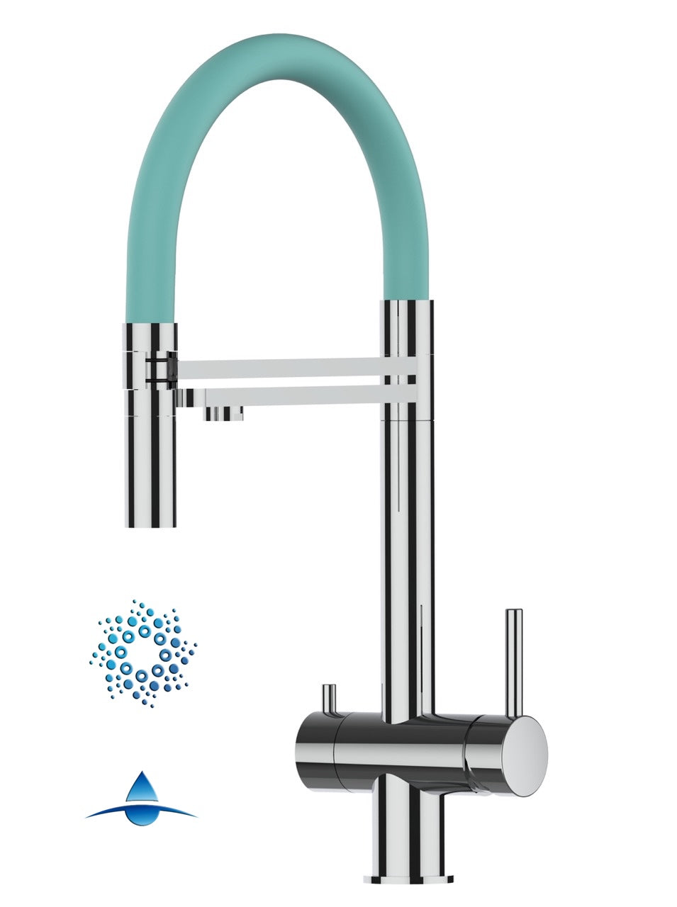 Rubinetto cucina 4 VIE in ACCIAIO INOX Lucido, canna girevole 360° e doccetta 2 getti movibile, Turchese Tiffany - Versione CORTA 45 cm