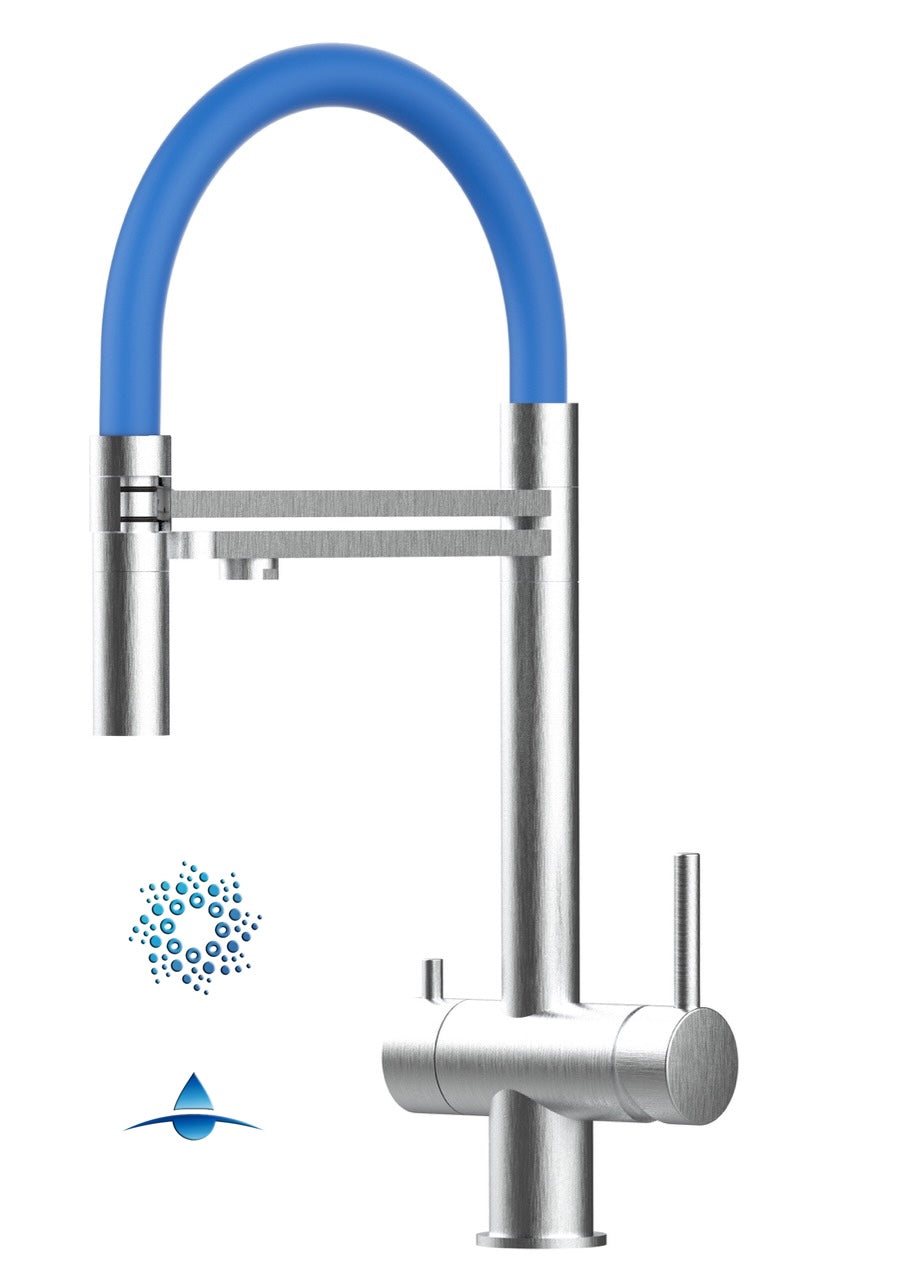 Rubinetto cucina 4 VIE in ACCIAIO INOX Spazzolato, canna girevole 360° e doccetta 2 getti movibile, Blu - Versione CORTA 45 cm