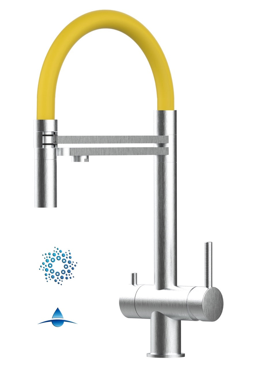 Rubinetto cucina 4 VIE in ACCIAIO INOX Spazzolato, canna girevole 360° e doccetta 2 getti movibile, Giallo - Versione CORTA 45 cm