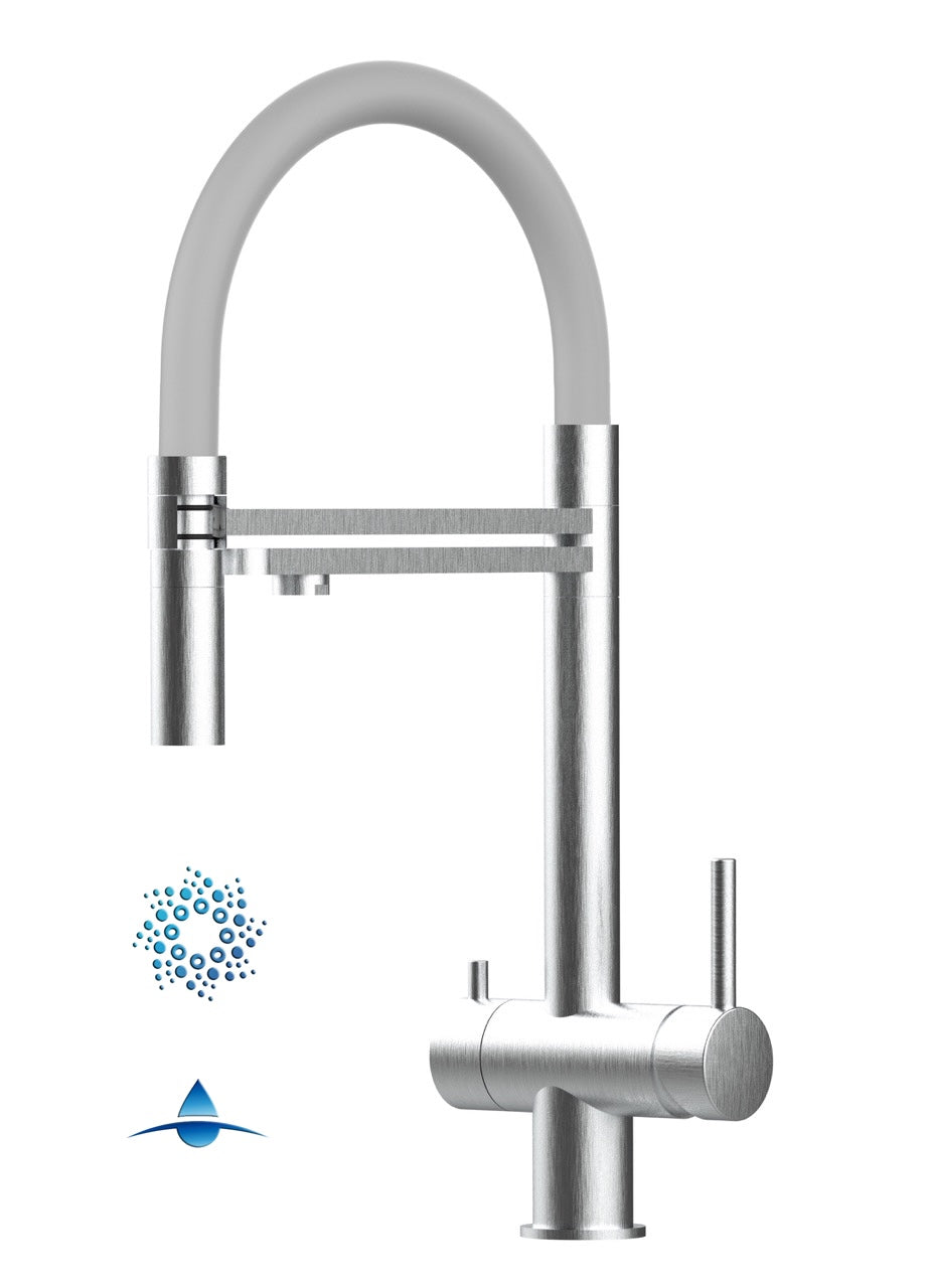 Rubinetto cucina 4 VIE in ACCIAIO INOX Spazzolato, canna girevole 360° e doccetta 2 getti movibile, Grigio - Versione CORTA 45 cm