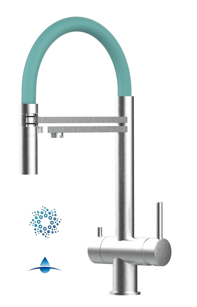 Rubinetto cucina 4 VIE in ACCIAIO INOX Spazzolato, canna girevole 360° e doccetta 2 getti movibile, Turchese Tiffany - Versione CORTA 45 cm