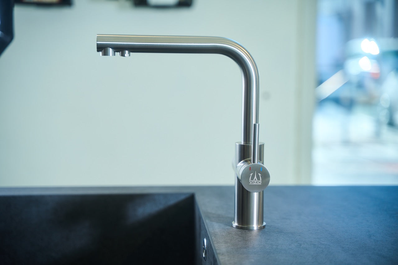 5 Way Kitchen Filter Tap in Solid STAINLESS STEEL, with 360° Swivel L-Spout, Brushed - Short Version