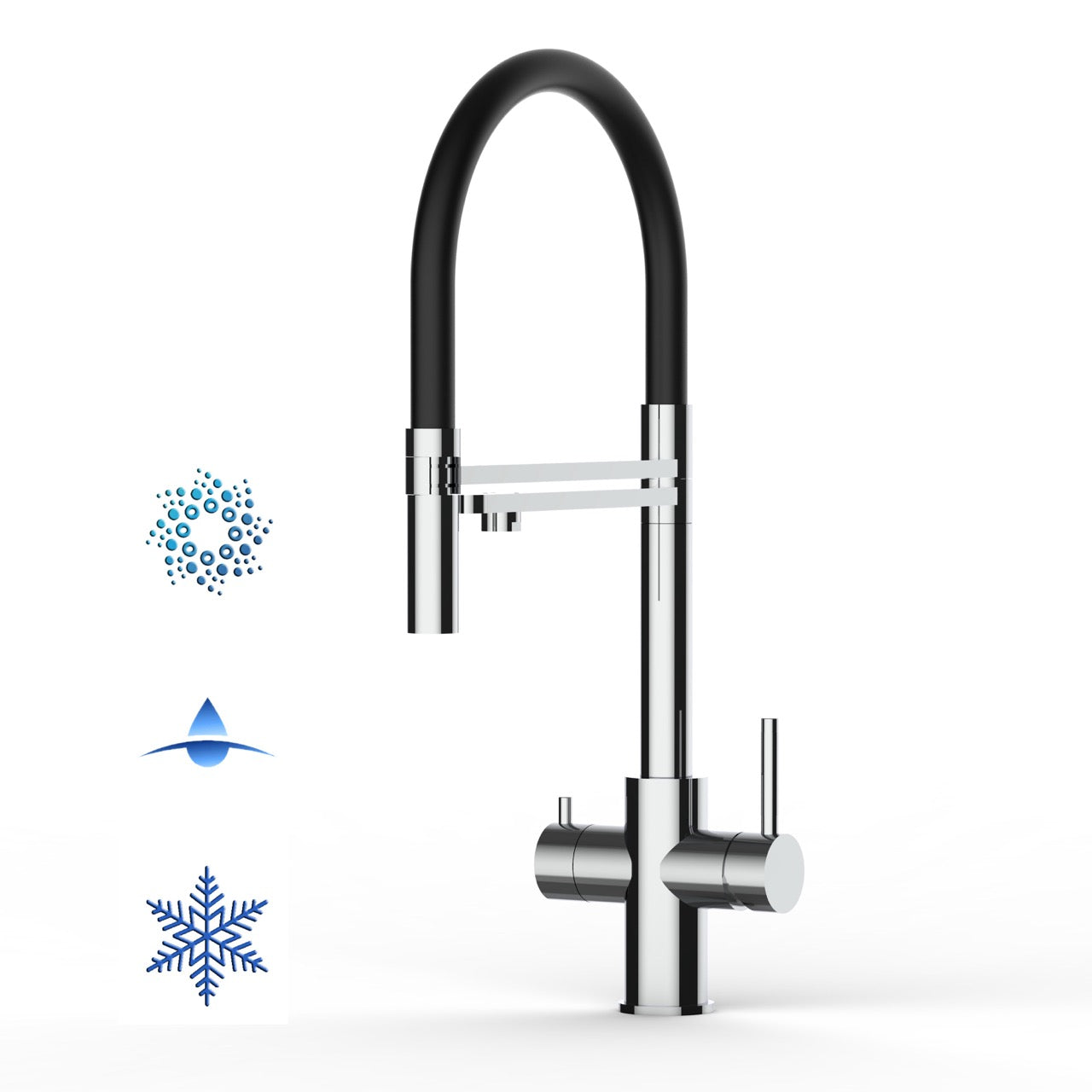 5 Way Kitchen Filter Tap in Solid STAINLESS STEEL, with 360° swivel spout and 2-jets removable Spray, Polished / Black