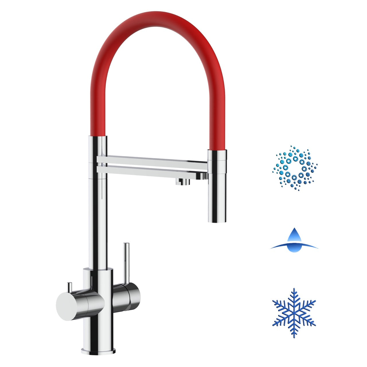 5 Way Kitchen Filter Tap in Solid STAINLESS STEEL, with 360° swivel spout and 2-jets removable Spray, Polished / Red