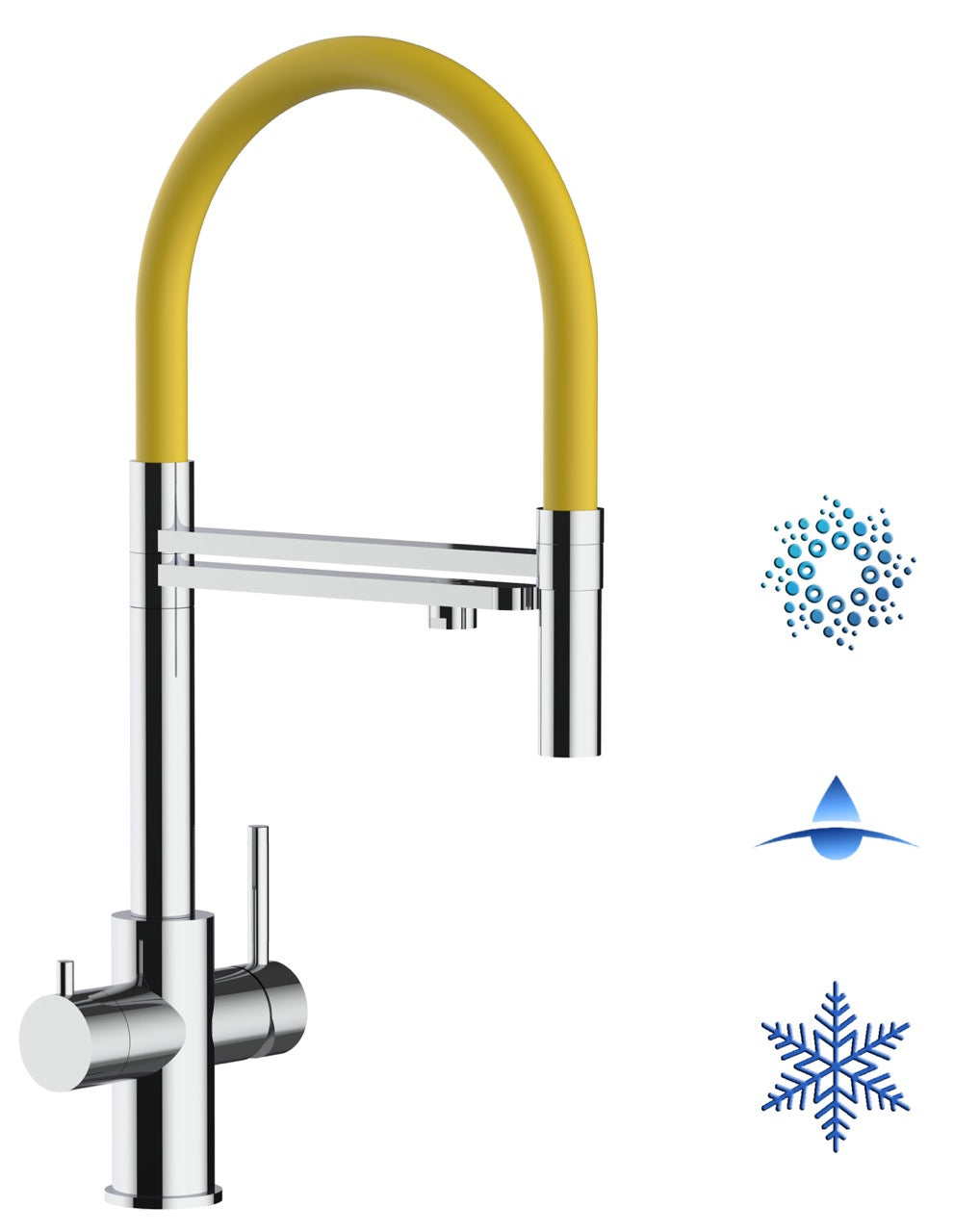 5 Way Kitchen Filter Tap in Solid STAINLESS STEEL, with 360° swivel spout and 2-jets removable Spray, Polished / Yellow