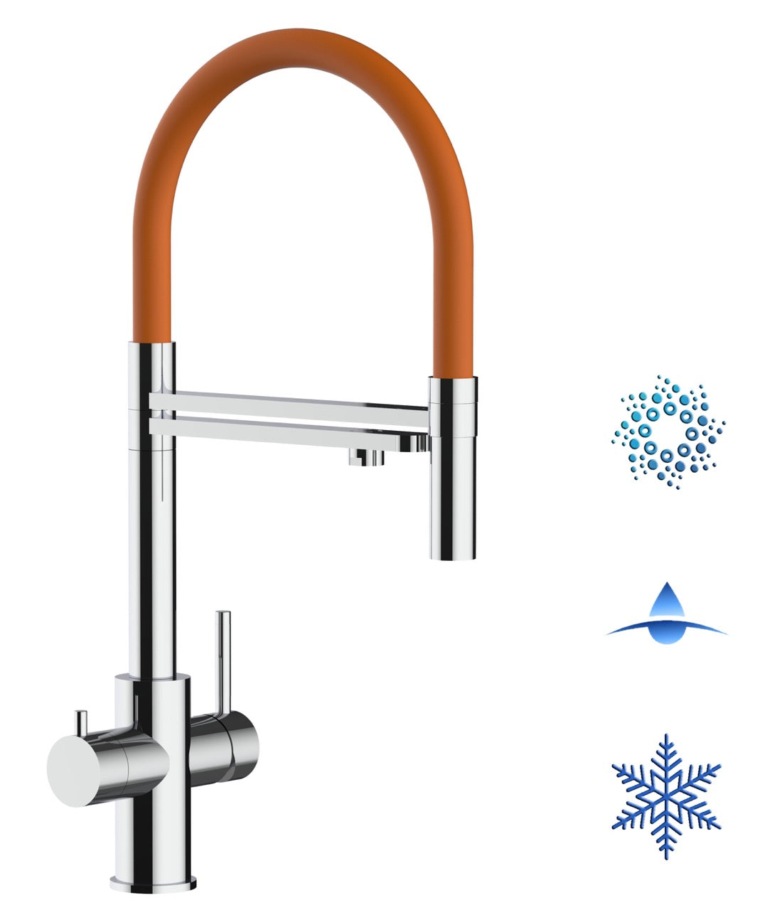 5 Way Kitchen Filter Tap in Solid STAINLESS STEEL, with 360° swivel spout and 2-jets removable Spray, Polished / Orange