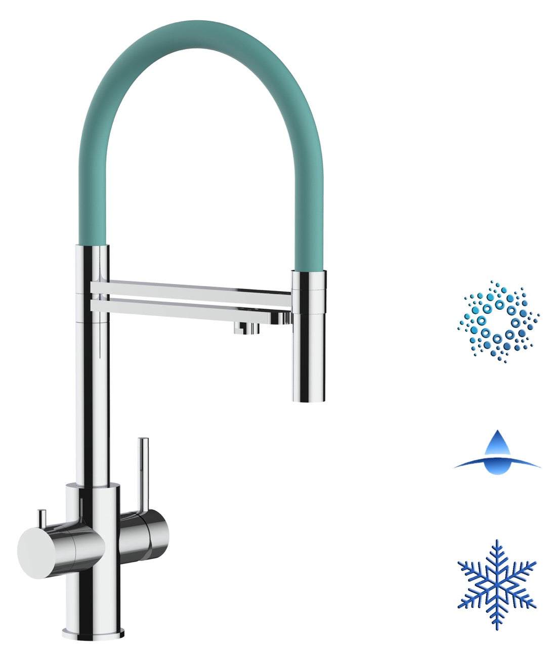 5 Way Kitchen Filter Tap in Solid STAINLESS STEEL, with 360° swivel spout and 2-jets removable Spray, Polished / Turquoise