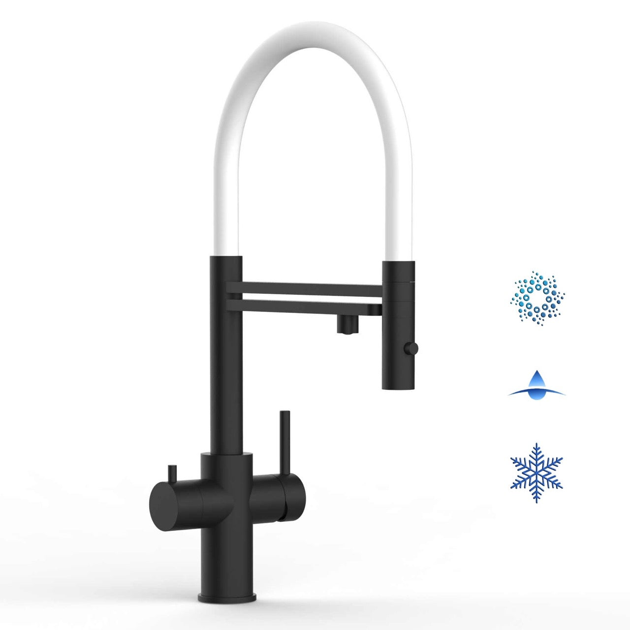 5 Way Kitchen Filter Tap in Solid STAINLESS STEEL, with 360° swivel spout and 2-jets removable Spray, Matt Black PVD / White