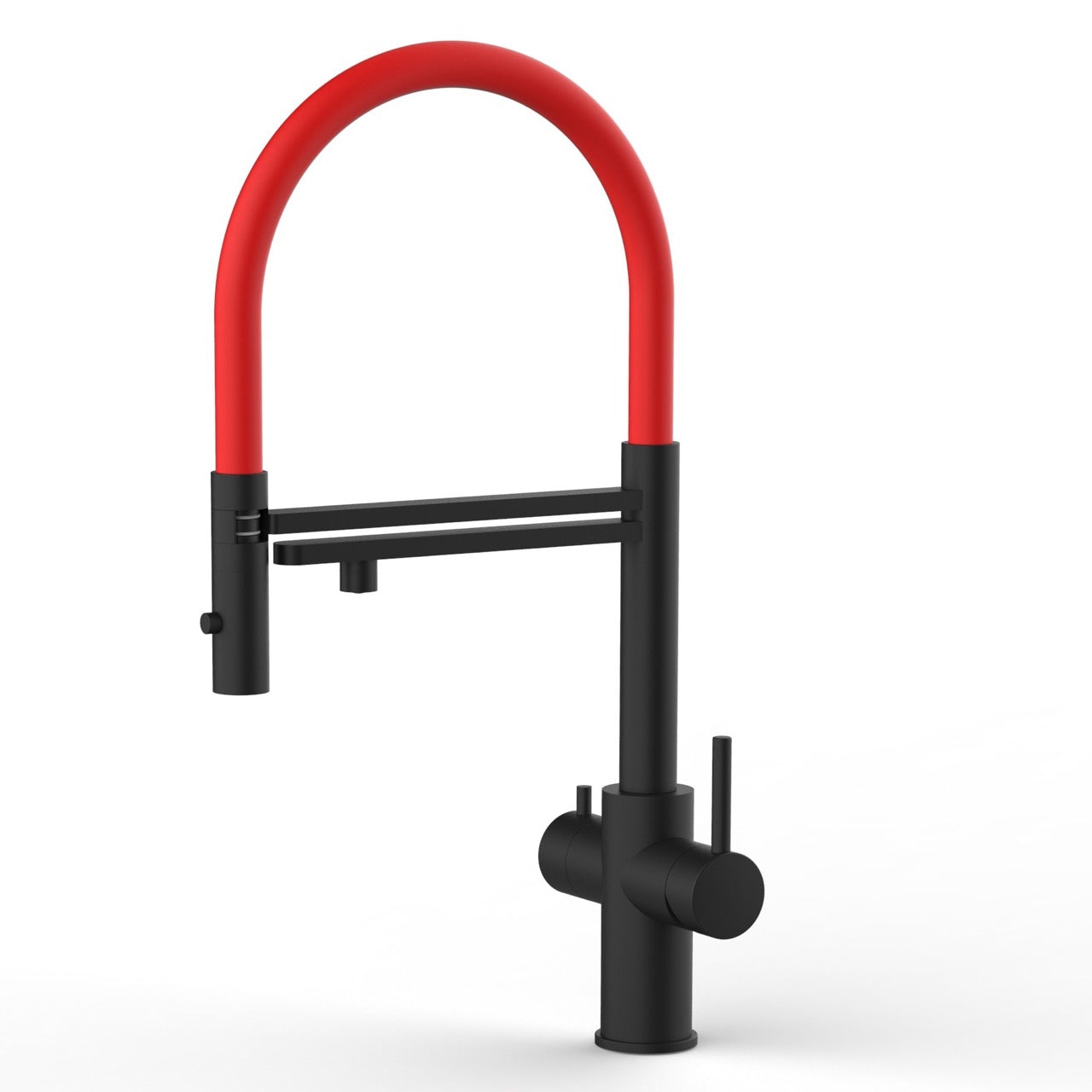 5 Way Kitchen Filter Tap in Solid STAINLESS STEEL, with 360° swivel spout and 2-jets removable Spray, Matt Black PVD / Red