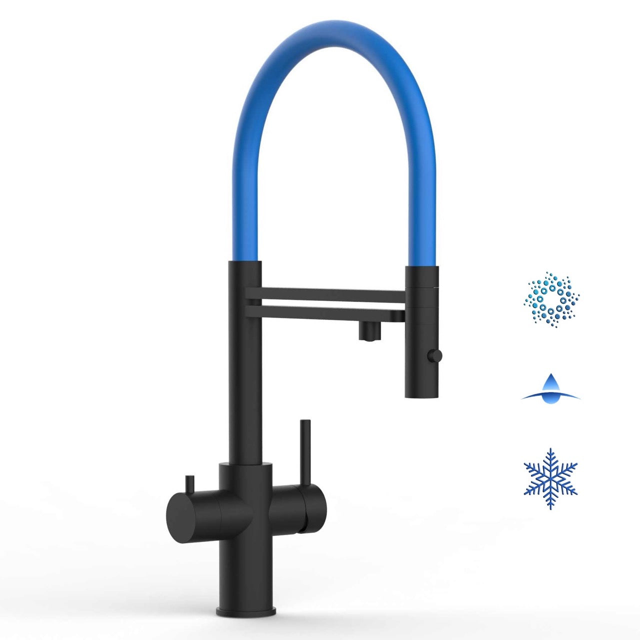5 Way Kitchen Filter Tap in Solid STAINLESS STEEL, with 360° swivel spout and 2-jets removable Spray, Matt Black PVD / Blue