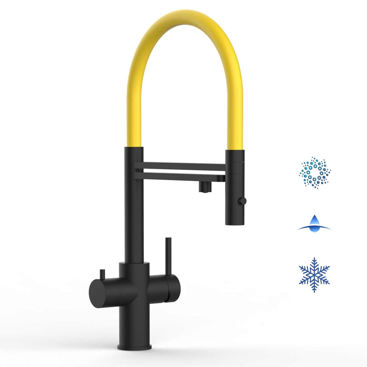 5 Way Kitchen Filter Tap in Solid STAINLESS STEEL, with 360° swivel spout and 2-jets removable Spray, Matt Black PVD / Yellow