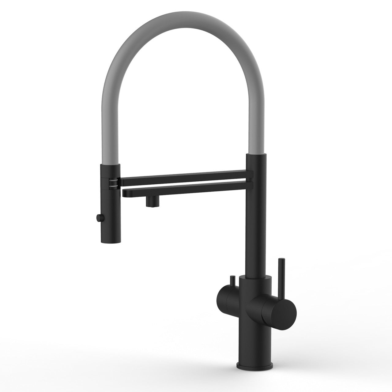 5 Way Kitchen Filter Tap in Solid STAINLESS STEEL, with 360° swivel spout and 2-jets removable Spray, Matt Black PVD / Gray