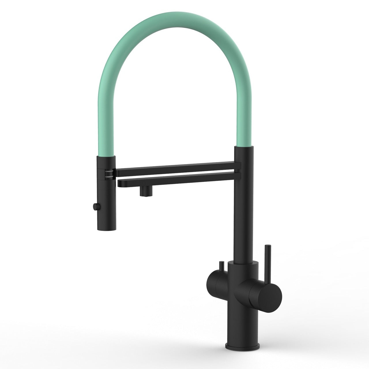 5 Way Kitchen Filter Tap in Solid STAINLESS STEEL, with 360° swivel spout and 2-jets removable Spray, Matt Black PVD / Turquoise