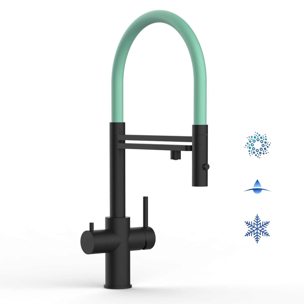 5 Way Kitchen Filter Tap in Solid STAINLESS STEEL, with 360° swivel spout and 2-jets removable Spray, Matt Black PVD / Turquoise