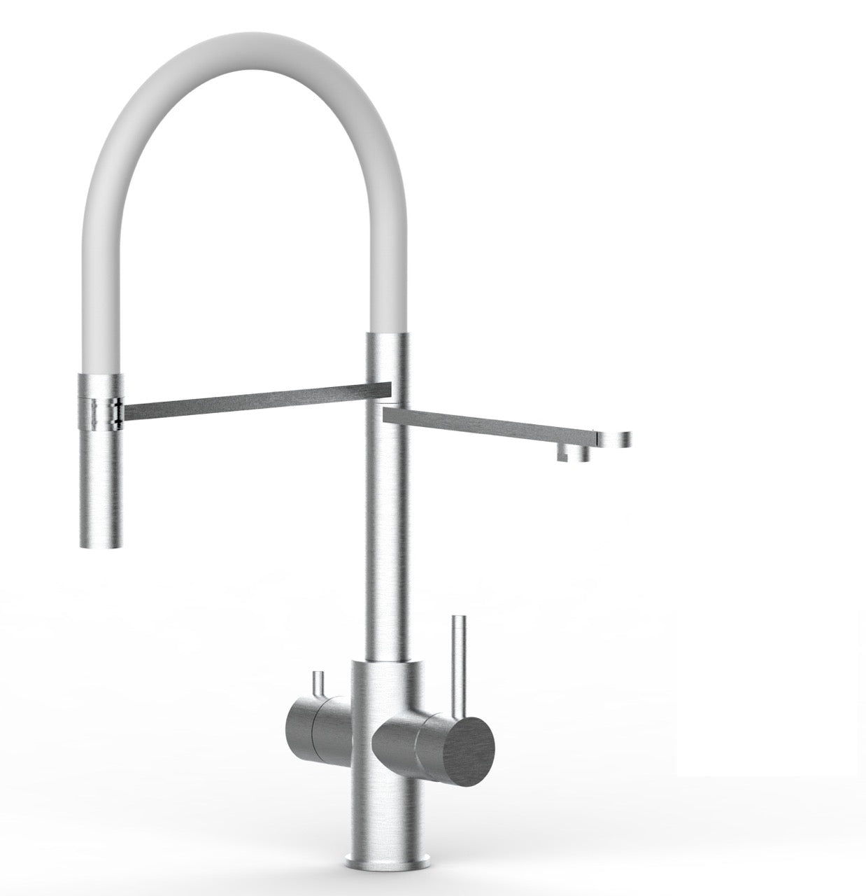 5 Way Kitchen Filter Tap in Solid STAINLESS STEEL, with 360° swivel spout and 2-jets removable Spray, Brushed / White
