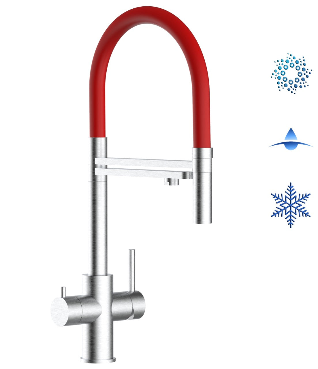 5 Way Kitchen Filter Tap in Solid STAINLESS STEEL, with 360° swivel spout and 2-jets removable Spray, Brushed / Red