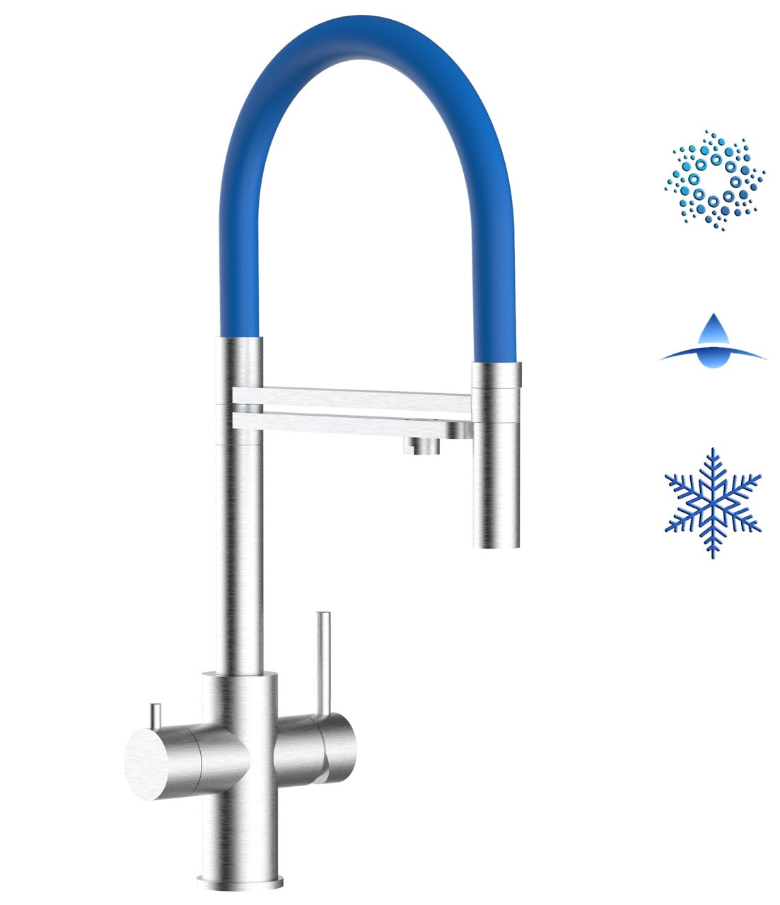 5 Way Kitchen Filter Tap in Solid STAINLESS STEEL, with 360° swivel spout and 2-jets removable Spray, Brushed / Blue