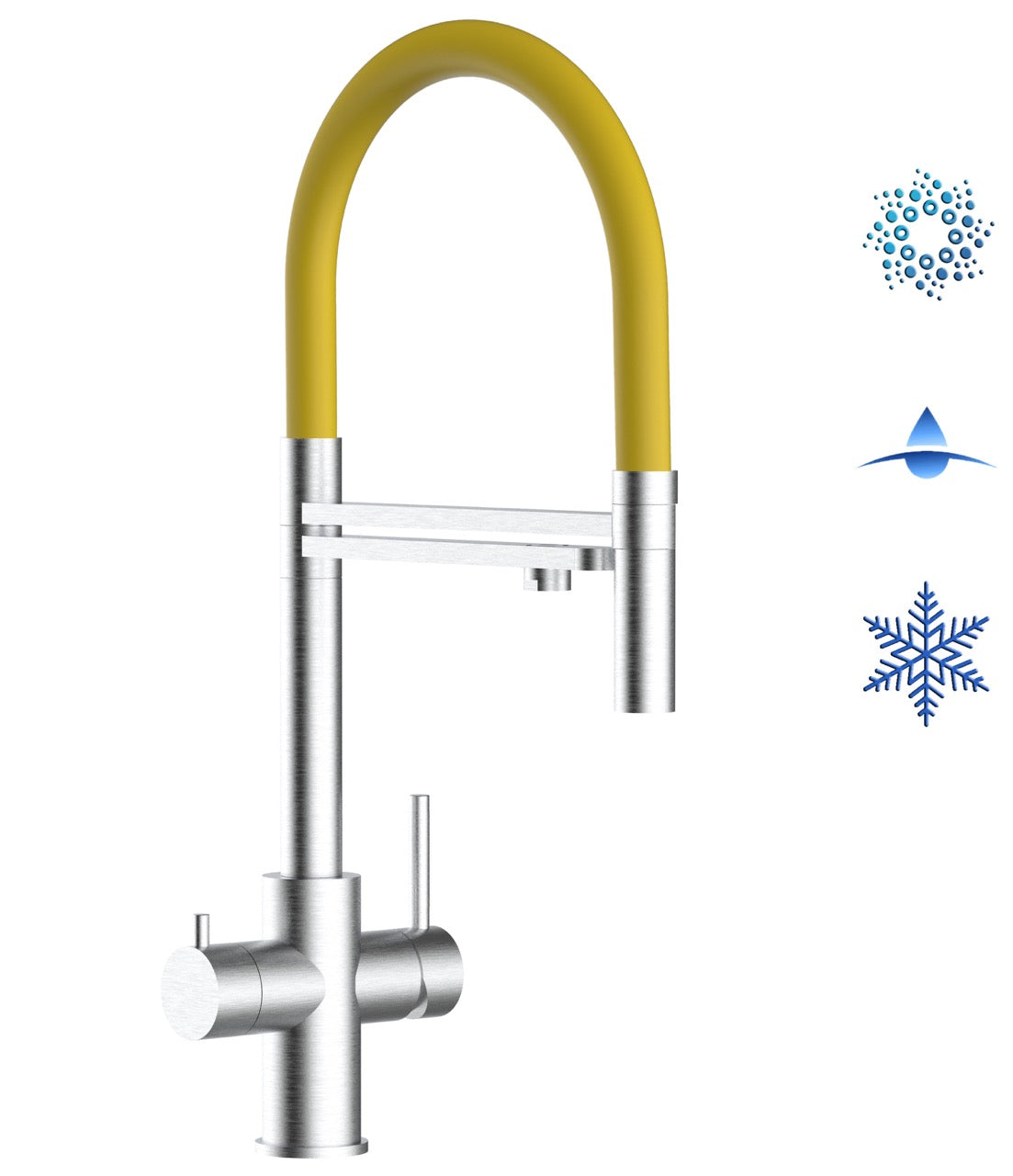 5 Way Kitchen Filter Tap in Solid STAINLESS STEEL, with 360° swivel spout and 2-jets removable Spray, Brushed / Yellow