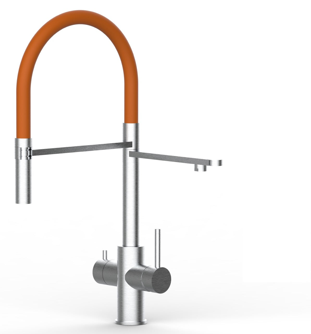5 Way Kitchen Filter Tap in Solid STAINLESS STEEL, with 360° swivel spout and 2-jets removable Spray, Brushed / Orange