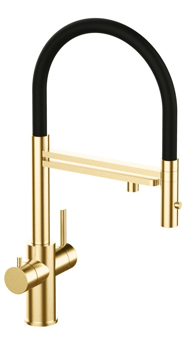 5 Way Kitchen Filter Tap in Solid STAINLESS STEEL, with 360° swivel spout and 2-jets removable Spray, Satin Gold PVD / Black