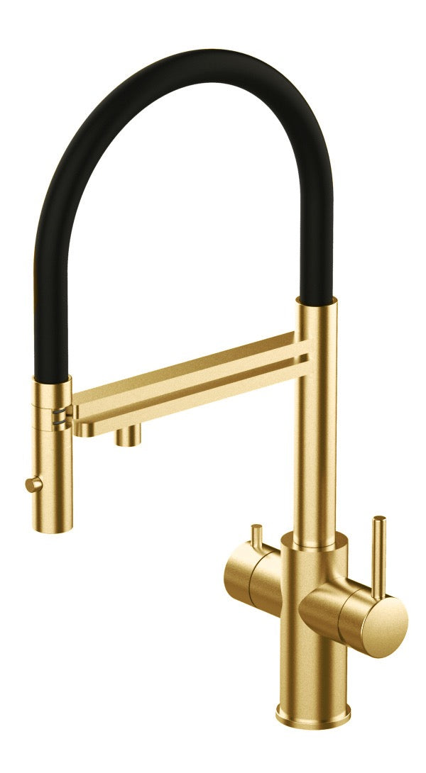 5 Way Kitchen Filter Tap in Solid STAINLESS STEEL, with 360° swivel spout and 2-jets removable Spray, Satin Gold PVD / Black