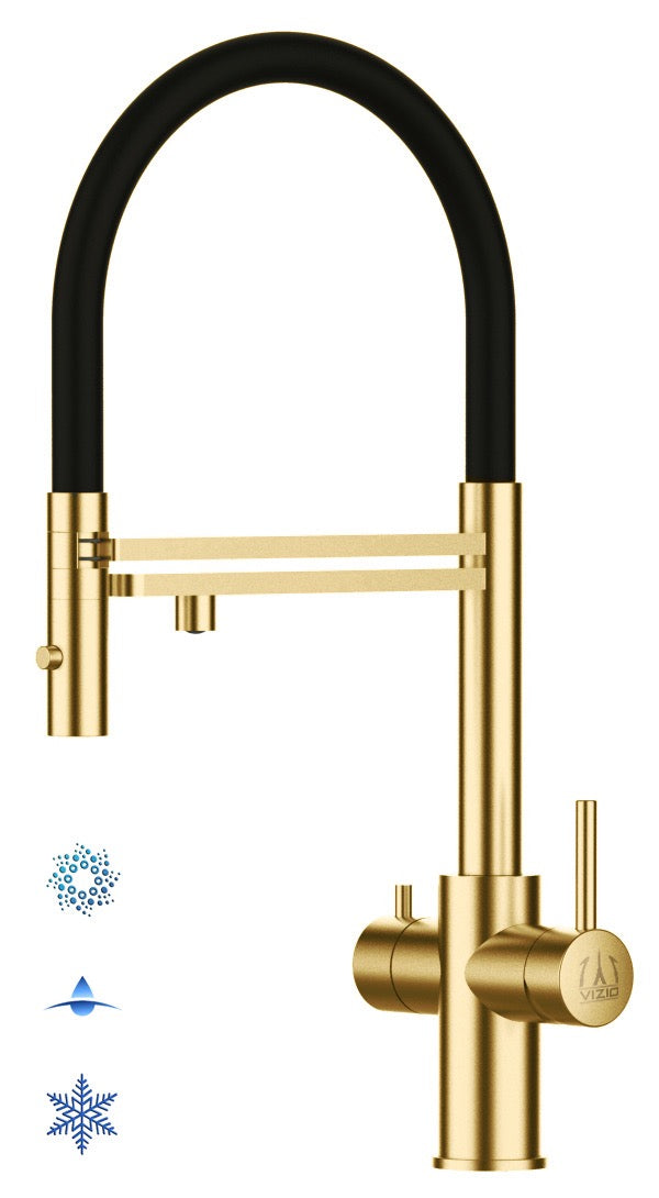 5 Way Kitchen Filter Tap in Solid STAINLESS STEEL, with 360° swivel spout and 2-jets removable Spray, Satin Gold PVD / Black
