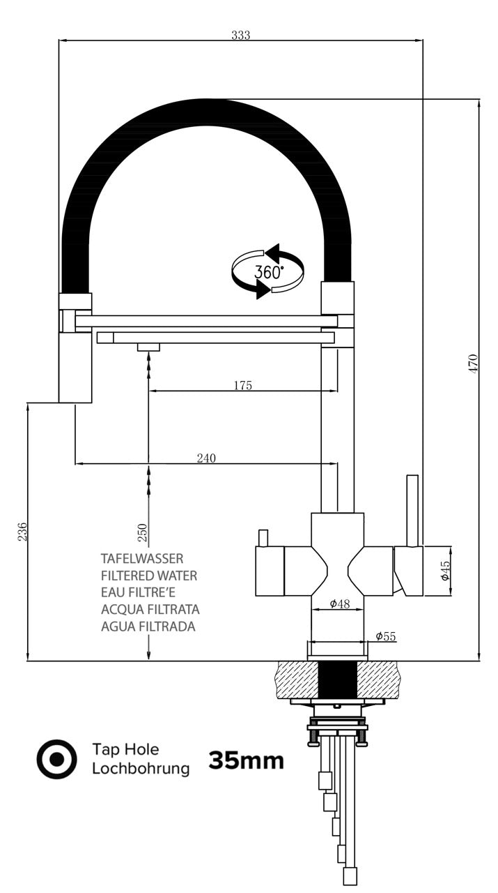 5 Way Kitchen Filter Tap in Solid STAINLESS STEEL, with 360° swivel spout and 2-jets removable Spray, Matt Black PVD / Blue - Short version 47CM