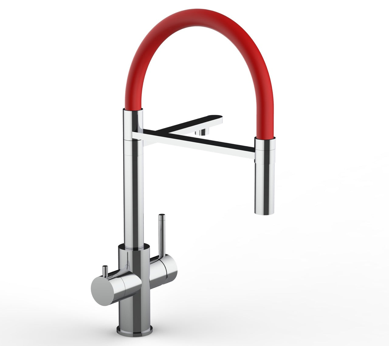 5 Way Kitchen Filter Tap in Solid STAINLESS STEEL, with 360° swivel spout and 2-jets removable Spray, Polished / Red - Short version 47CM