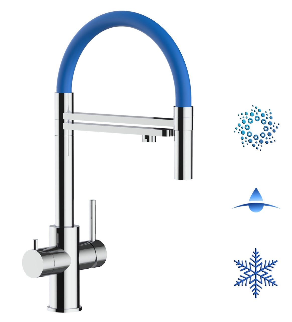 5 Way Kitchen Filter Tap in Solid STAINLESS STEEL, with 360° swivel spout and 2-jets removable Spray, Polished / Blue - Short version 47CM