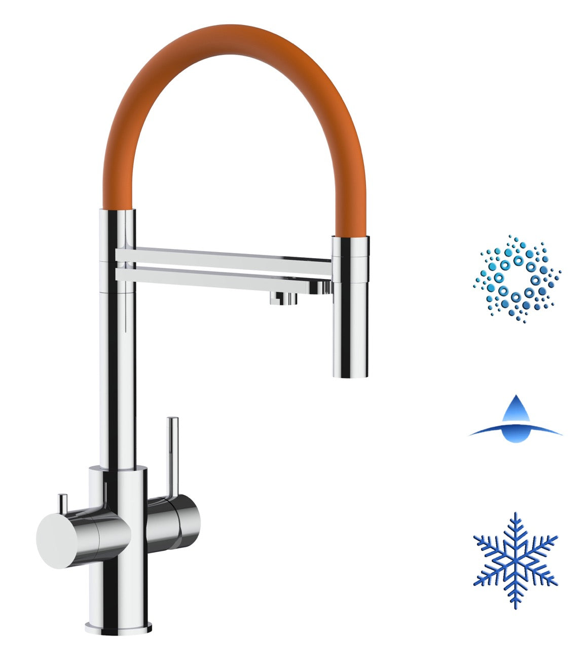 5 Way Kitchen Filter Tap in Solid STAINLESS STEEL, with 360° swivel spout and 2-jets removable Spray, Polished / Orange - Short version 47CM
