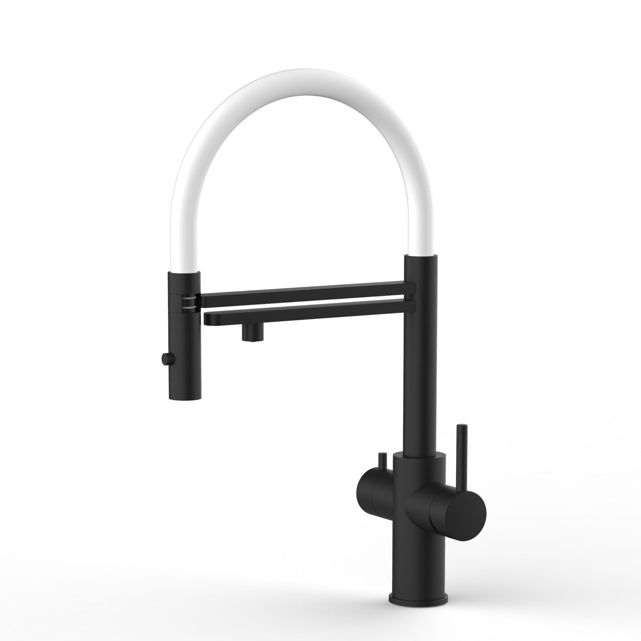 5 Way Kitchen Filter Tap in Solid STAINLESS STEEL, with 360° swivel spout and 2-jets removable Spray, Matt Black PVD / White - Short version 47CM