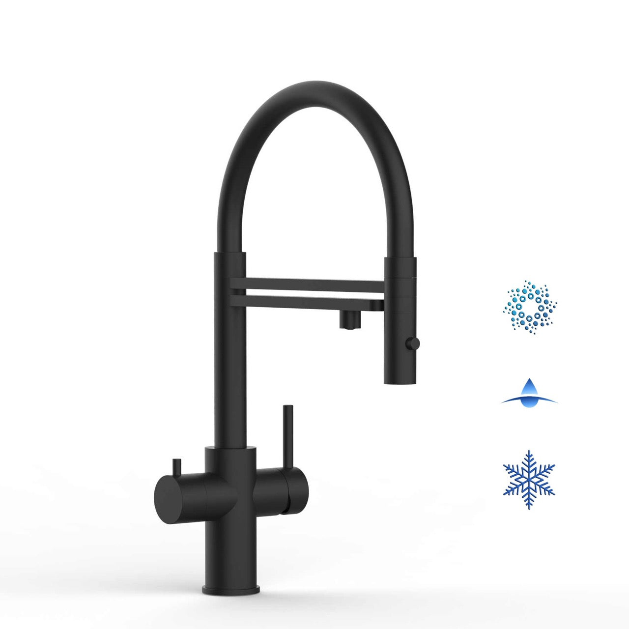 5 Way Kitchen Filter Tap in Solid STAINLESS STEEL, with 360° swivel spout and 2-jets removable Spray, Matt Black PVD - Short version 47CM
