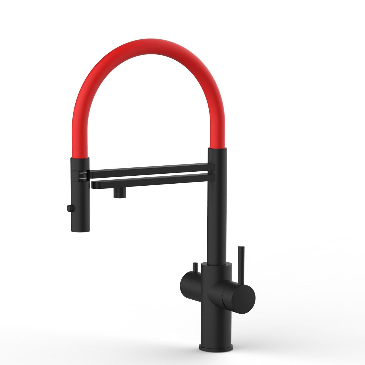 5 Way Kitchen Filter Tap in Solid STAINLESS STEEL, with 360° swivel spout and 2-jets removable Spray, Matt Black PVD / Red - Short version 47CM