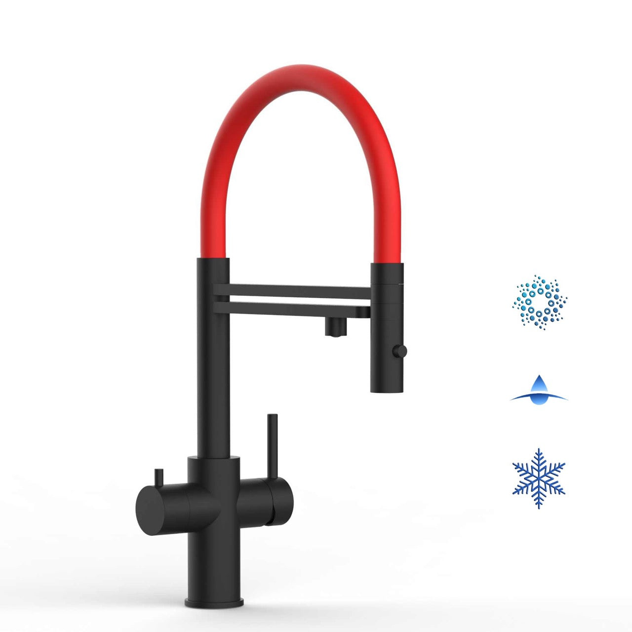 5 Way Kitchen Filter Tap in Solid STAINLESS STEEL, with 360° swivel spout and 2-jets removable Spray, Matt Black PVD / Red - Short version 47CM