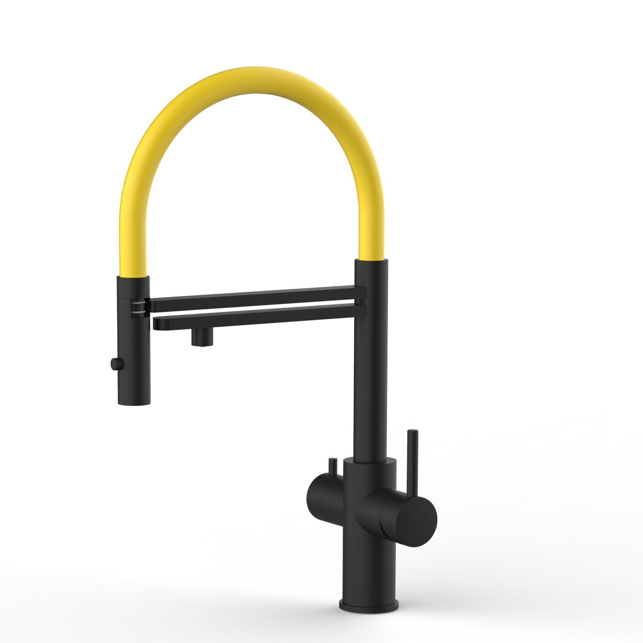 5 Way Kitchen Filter Tap in Solid STAINLESS STEEL, with 360° swivel spout and 2-jets removable Spray, Matt Black PVD / Yellow - Short version 47CM