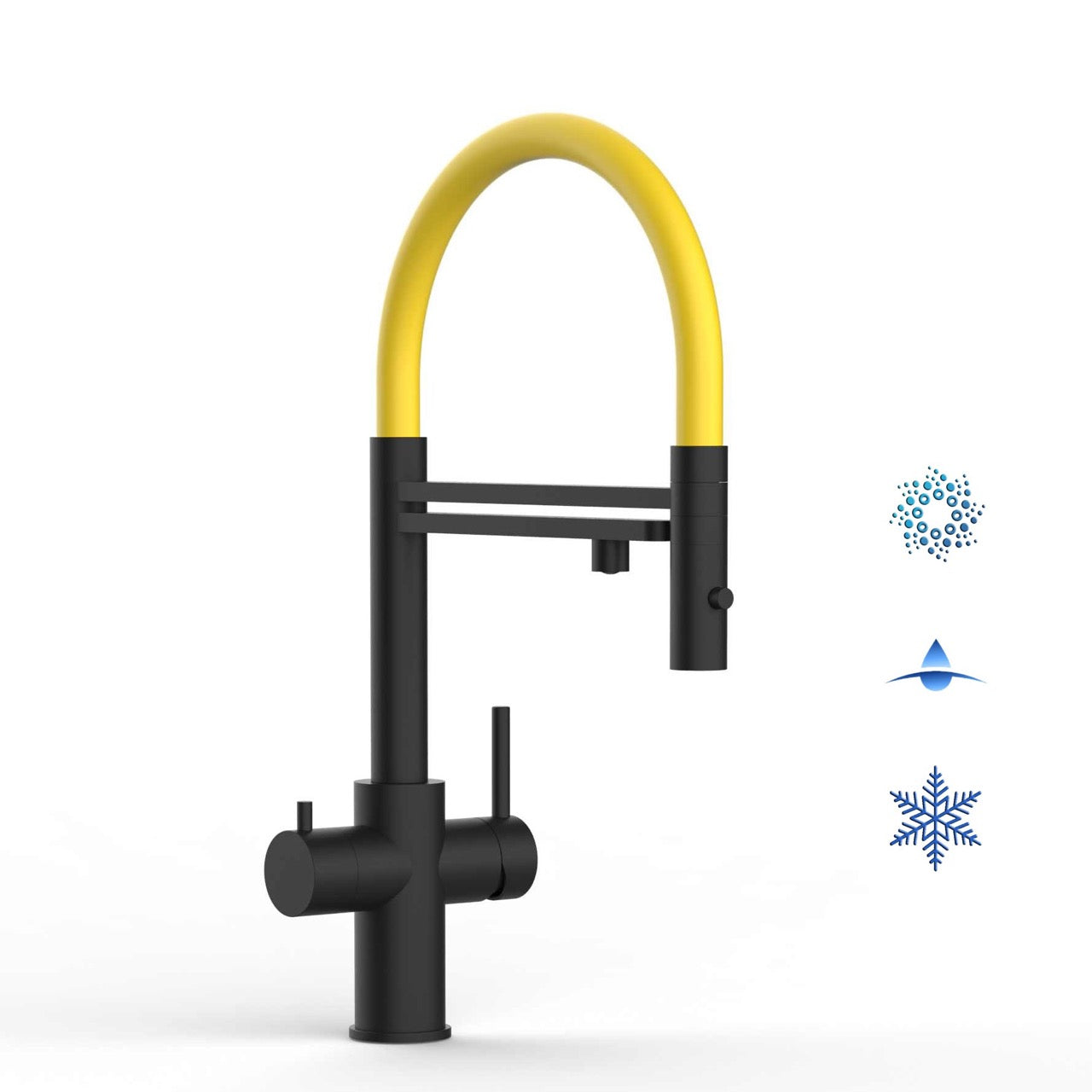 5 Way Kitchen Filter Tap in Solid STAINLESS STEEL, with 360° swivel spout and 2-jets removable Spray, Matt Black PVD / Yellow - Short version 47CM