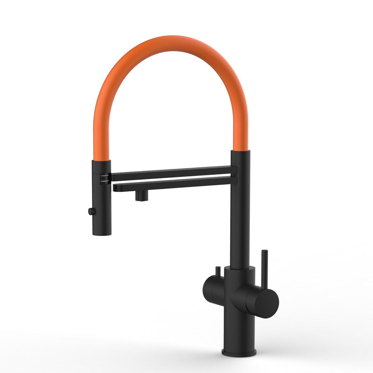 5 Way Kitchen Filter Tap in Solid STAINLESS STEEL, with 360° swivel spout and 2-jets removable Spray, Matt Black PVD / Orange - Short version 47CM