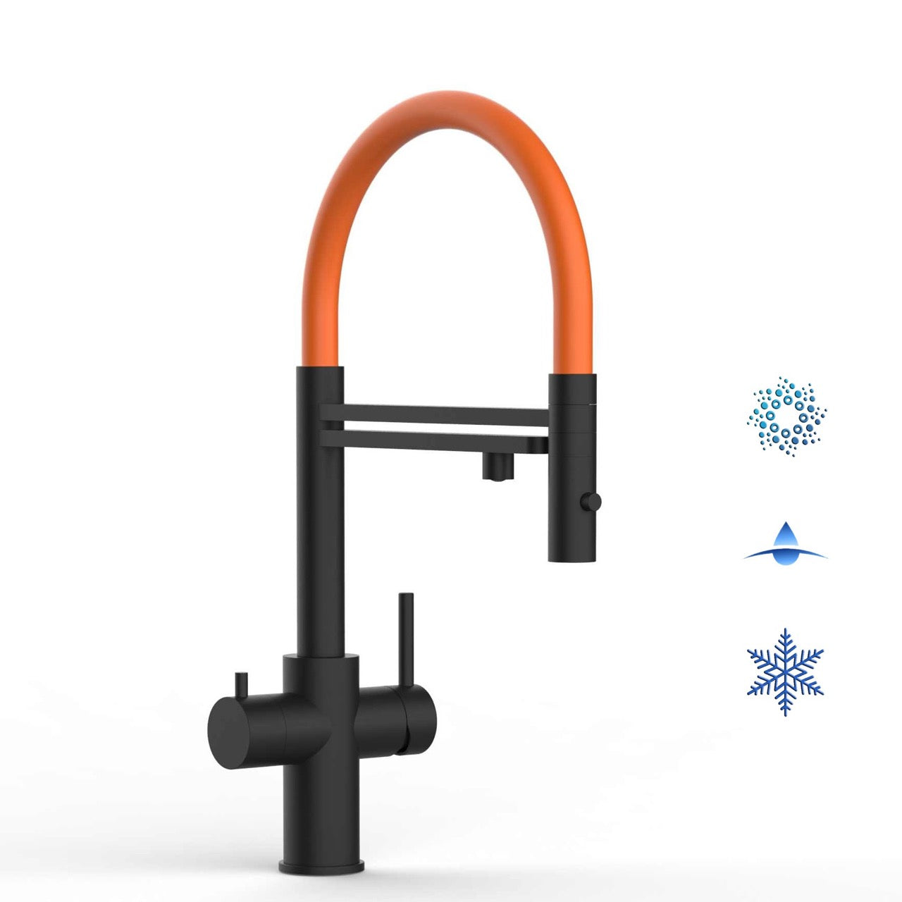 5 Way Kitchen Filter Tap in Solid STAINLESS STEEL, with 360° swivel spout and 2-jets removable Spray, Matt Black PVD / Orange - Short version 47CM