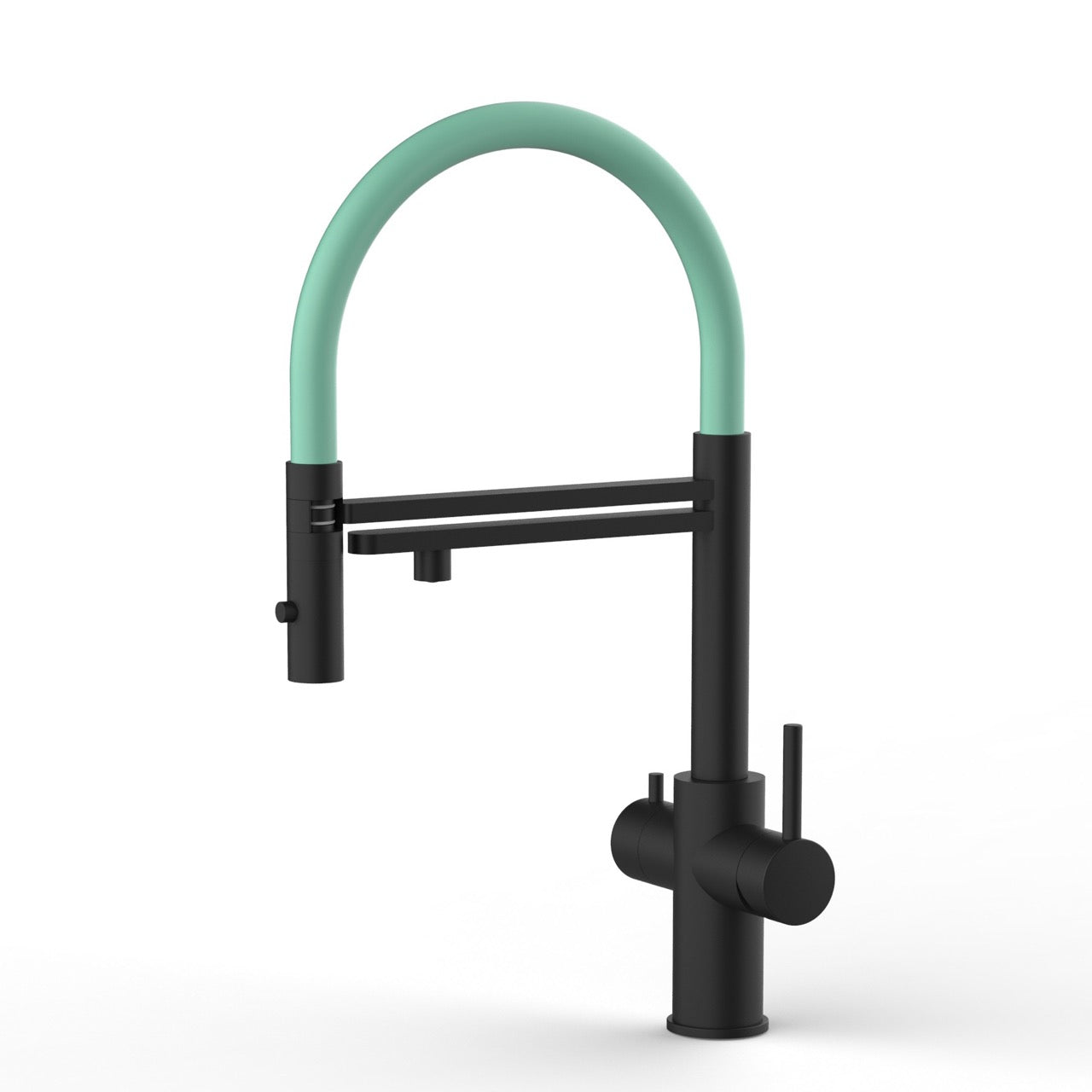 5 Way Kitchen Filter Tap in Solid STAINLESS STEEL, with 360° swivel spout and 2-jets removable Spray, Matt Black PVD / Turquoise - Short version 47CM
