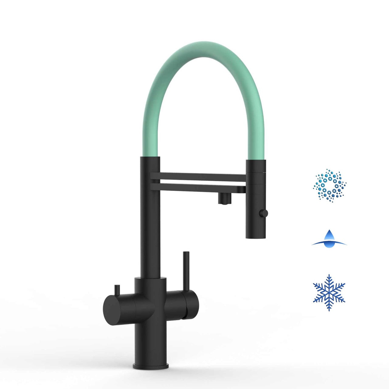 5 Way Kitchen Filter Tap in Solid STAINLESS STEEL, with 360° swivel spout and 2-jets removable Spray, Matt Black PVD / Turquoise - Short version 47CM