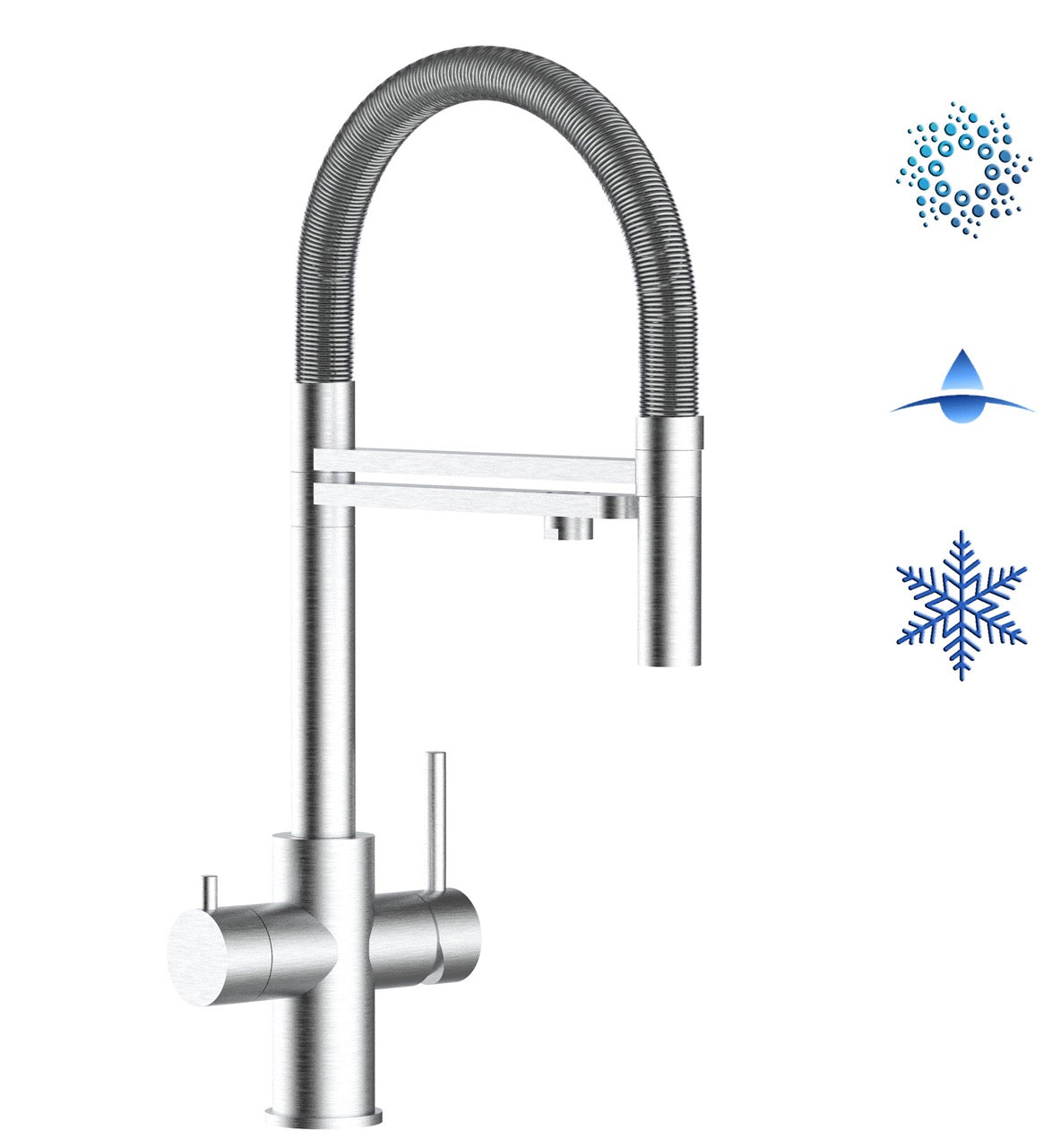 5 Way Kitchen Filter Tap in Solid STAINLESS STEEL, with 360° swivel spout and 2-jets removable Spray, Brushed / Polished Spring - Short version 47CM