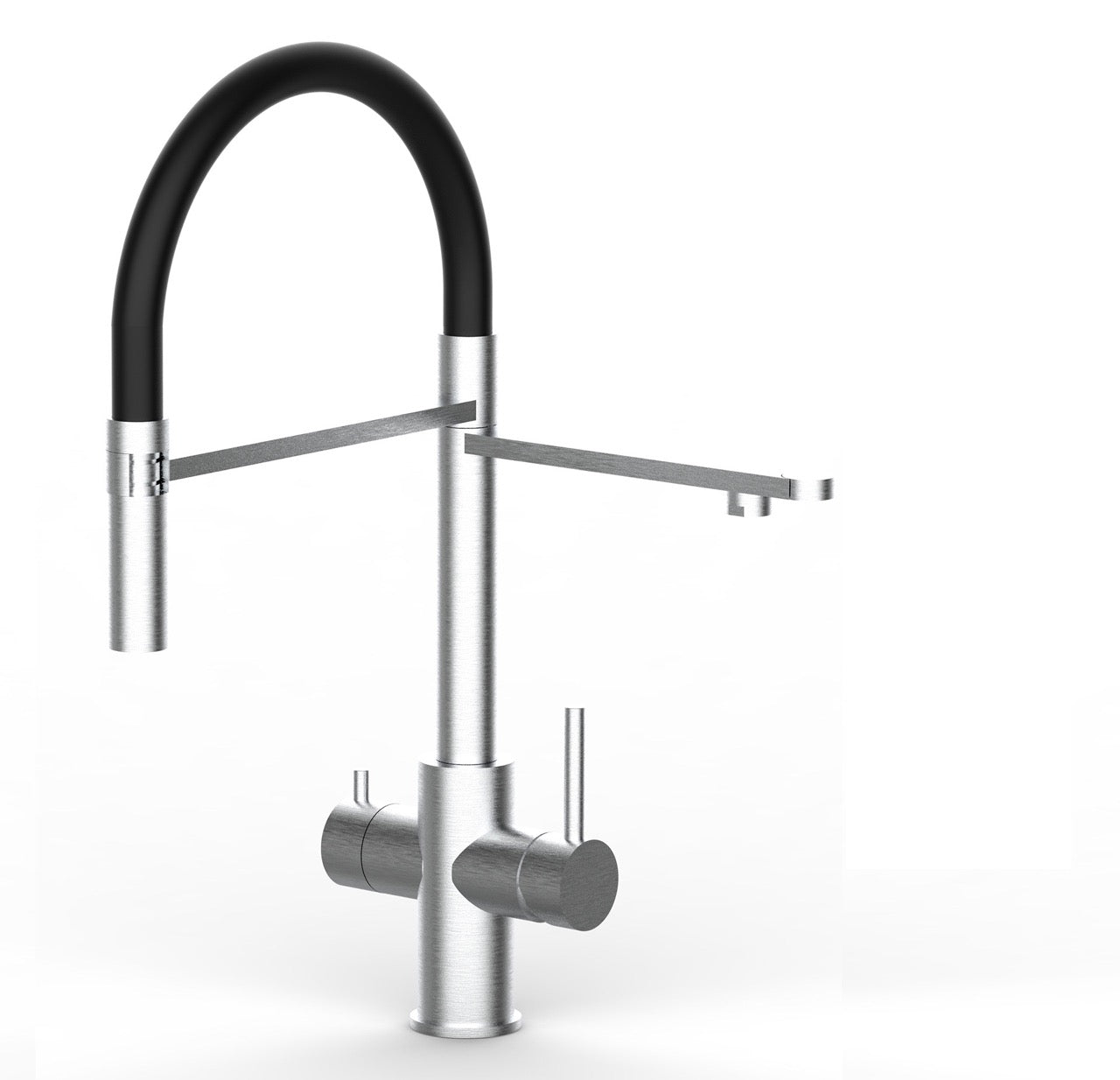 5 Way Kitchen Filter Tap in Solid STAINLESS STEEL, with 360° swivel spout and 2-jets removable Spray, Brushed / Black - Short version 47CM