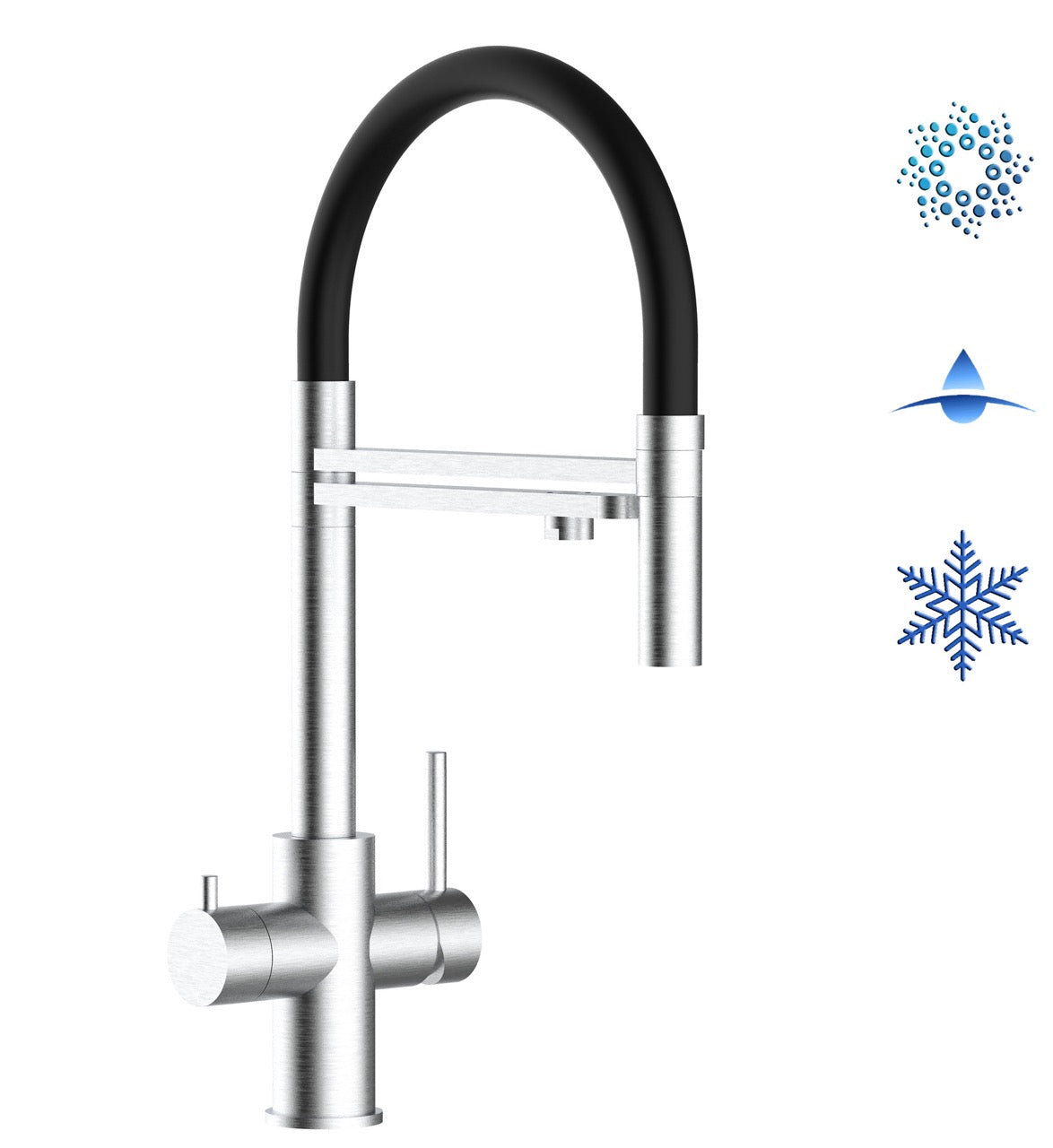 5 Way Kitchen Filter Tap in Solid STAINLESS STEEL, with 360° swivel spout and 2-jets removable Spray, Brushed / Black - Short version 47CM