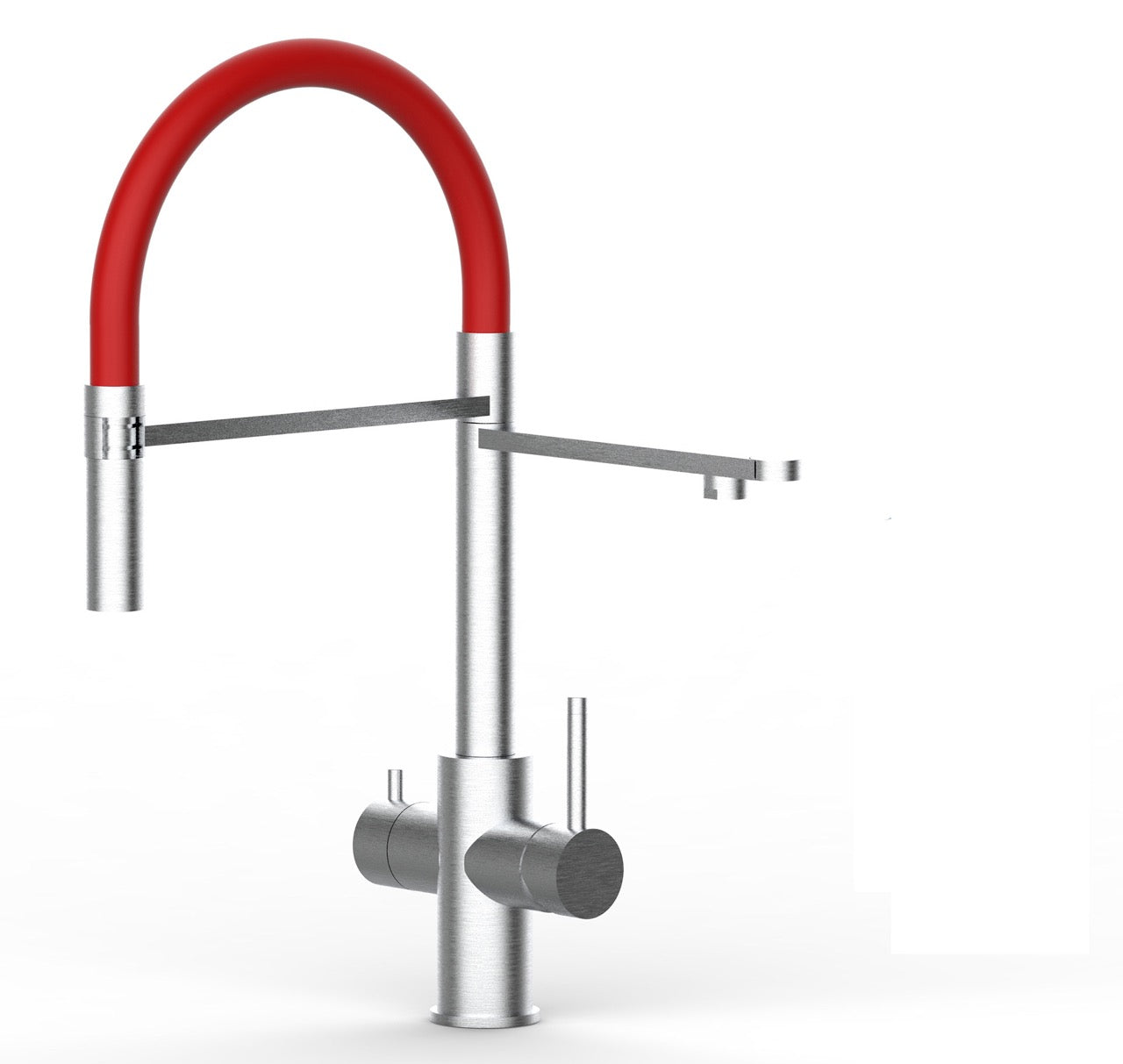5 Way Kitchen Filter Tap in Solid STAINLESS STEEL, with 360° swivel spout and 2-jets removable Spray, Brushed / Red - Short version 47CM